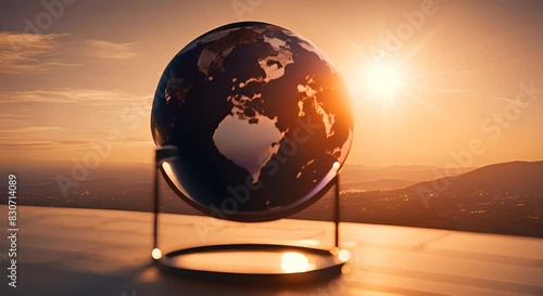 An image of a globe with the sun setting behind itAn image of a globe with the sun setting behind it photo