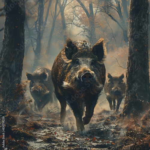 Autumn Wilderness: A Family of Hogs Navigating a Forest Path