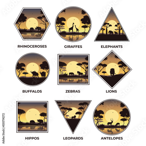 Photography African yellow landscape with animals vector silhouette in different geometric frames