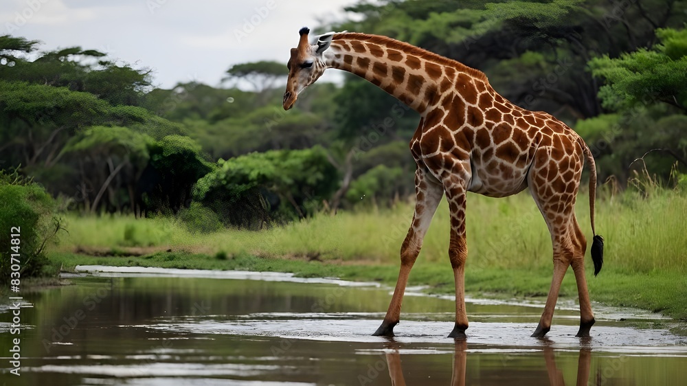 Obraz premium Capturing the Serene Elegance of Giraffes in Natural Settings, including Drinking Behavior