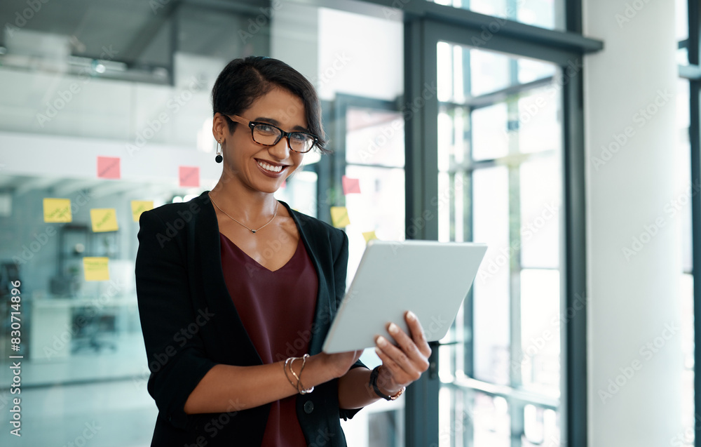 Happy, career woman and tablet in portrait for connection, communication or digital networking. Female person, tech and smile in corporate as project manager in company in workplace as professional Happy, career woman and tablet in portrait for connection, communication or digital networking. Female person, tech and smile in corporate as project manager in company in workplace as professional
