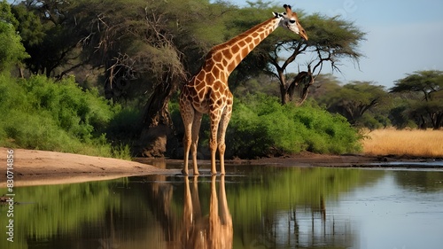 Capturing the Serene Elegance of Giraffes in Natural Settings  including Drinking Behavior