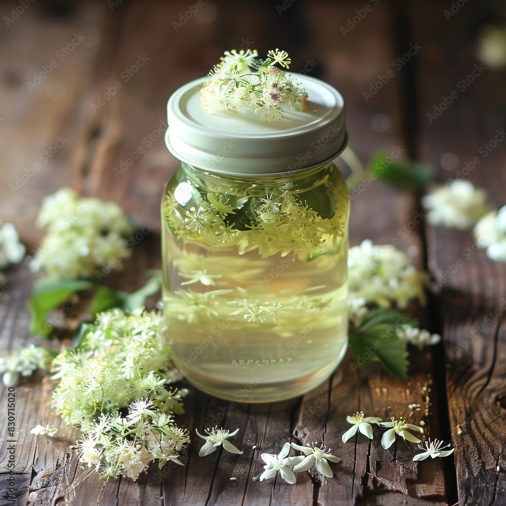 Homemade Flower Honey Jar with Green Herbs on a Rustic Table Homemade Flower Honey Jar with Green Herbs on a Rustic Table