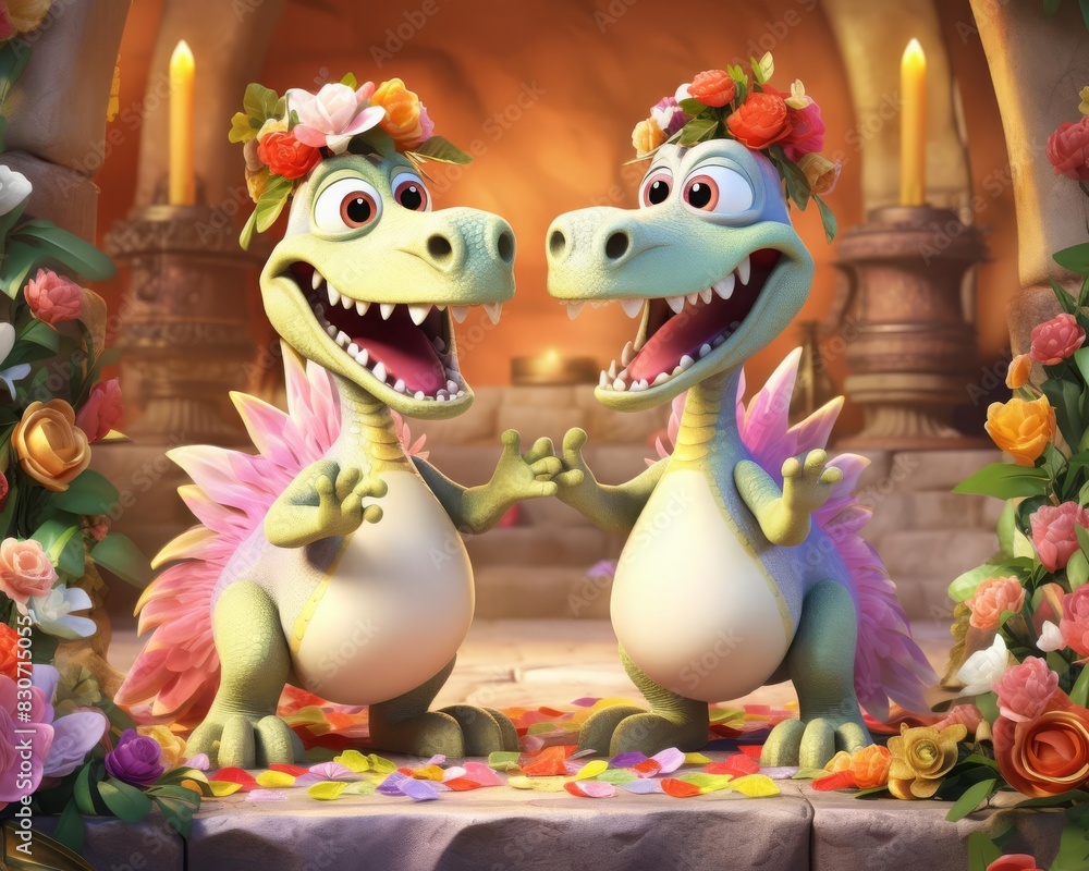 Cartoon dinosaur wedding with prehistoric flowers and a grand stage, Whimsical, Bright colors, 3D rendering, Fun and ancientwhite background,