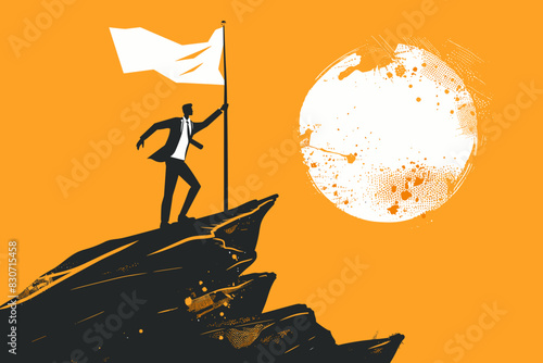  Businessman Climbing on Top of His Mind Holding Winning Flag for Success Mindset