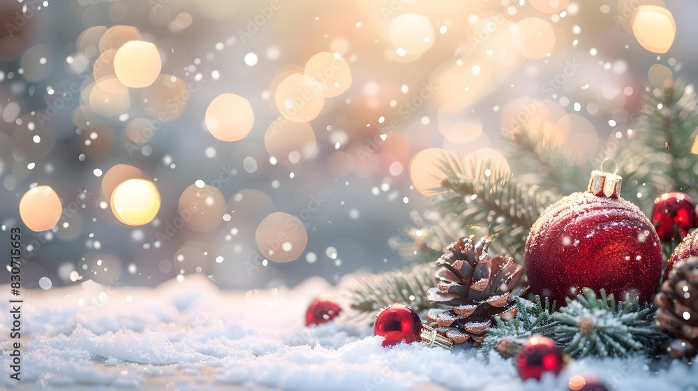 Rustic Christmas Decor Pine Cones and Ornaments on Snow Rustic Christmas Decor Pine Cones and Ornaments on Snow