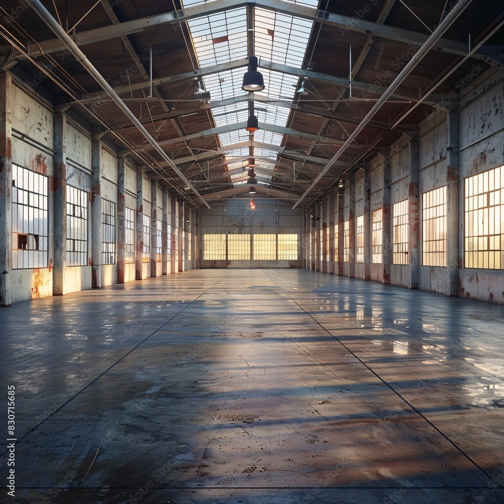 Empty Factory Interior at Sunset: An Aerial View of a Large Industrial Space Empty Factory Interior at Sunset: An Aerial View of a Large Industrial Space