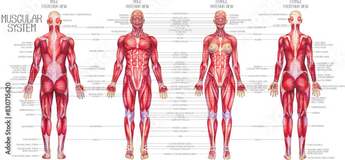 Watercolor anatomical illustration of a male and female human muscular systems