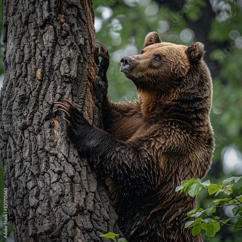 Grizzly Bear Climbing a Tree in the Forest