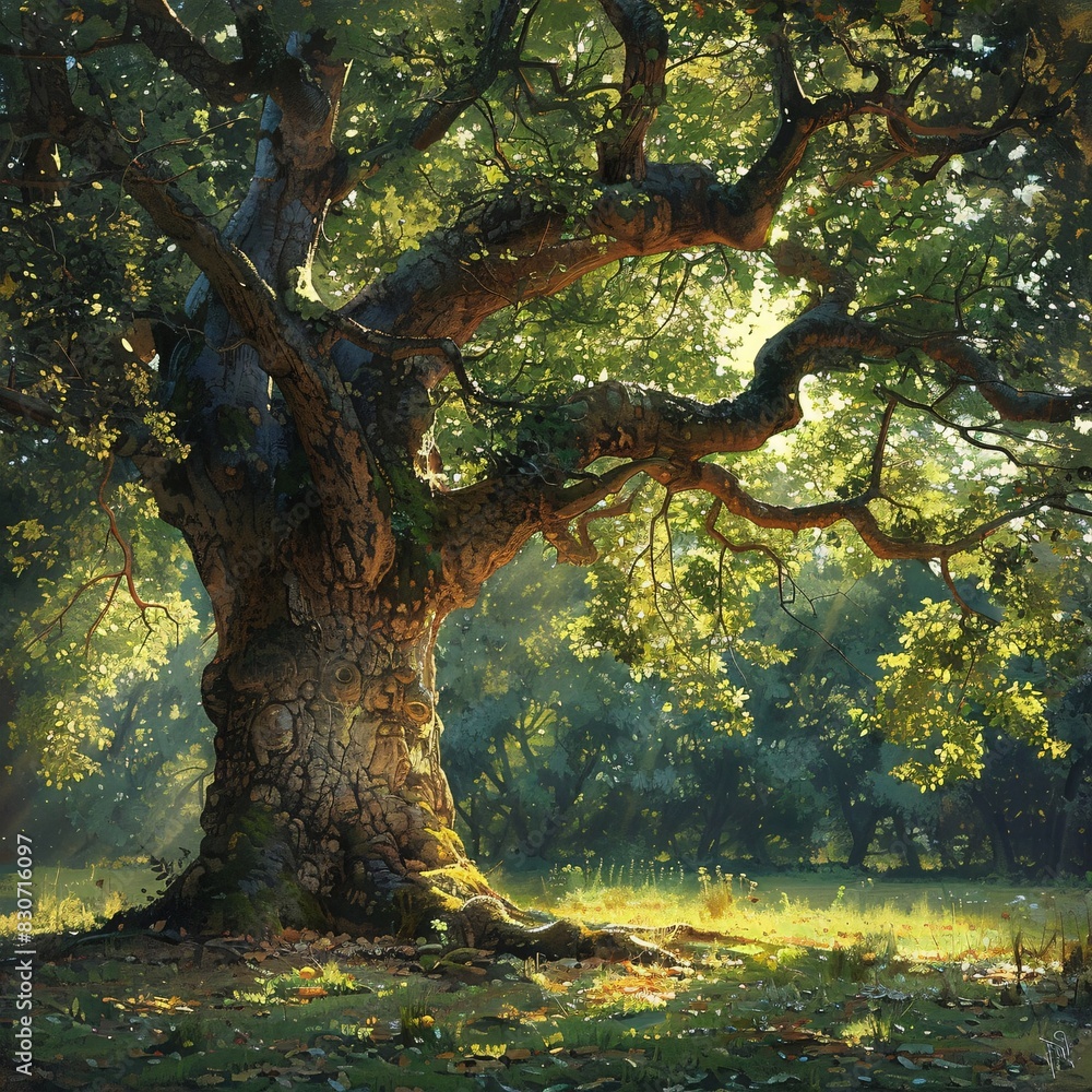 Serene Afternoon: A Giant Oak Tree in a Sunlit Pasture Serene Afternoon: A Giant Oak Tree in a Sunlit Pasture