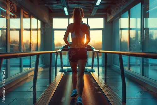 Woman running on a treadmill in the gym at sunset, embracing a healthy lifestyle and fitness routine in a modern exercise facility.