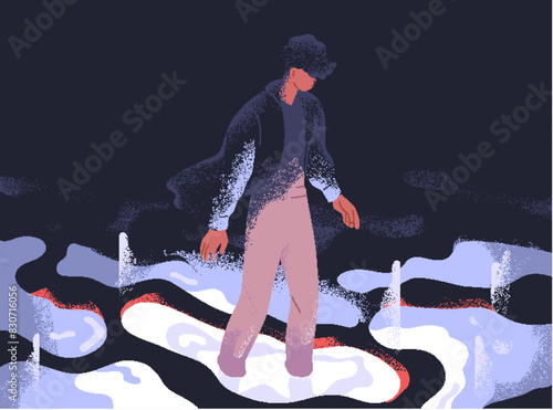 Walking into unknown. Man in mysterious fantasy, dream. Psychology concept. Person exploring strange dreamy mystery, light in darkness. Spiritual psychological surreal flat vector illustration