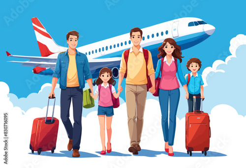 a family with luggage walking towards an airplane