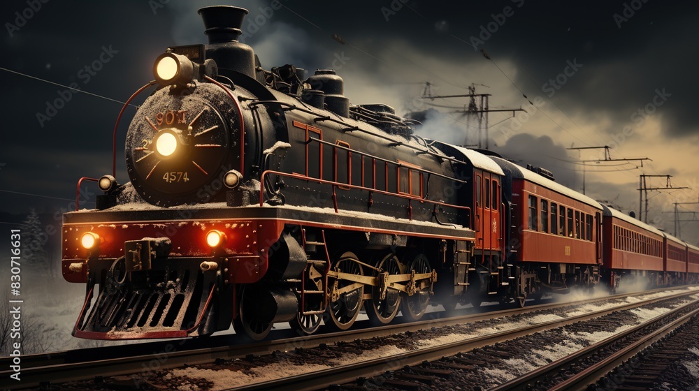 Fototapeta premium A Steam Train Chugging Through a Snow Covered Forest