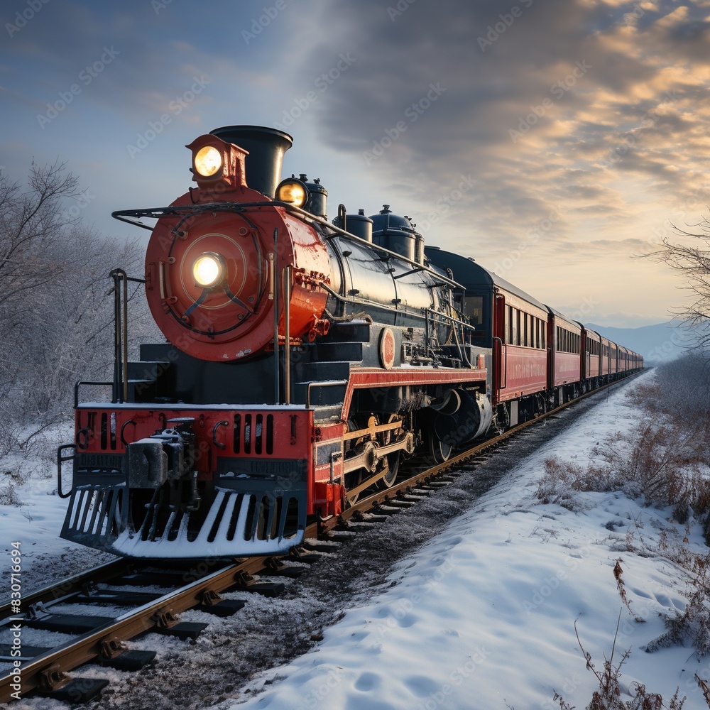 Fototapeta premium A Steam Train Chugging Through a Snow Covered Forest