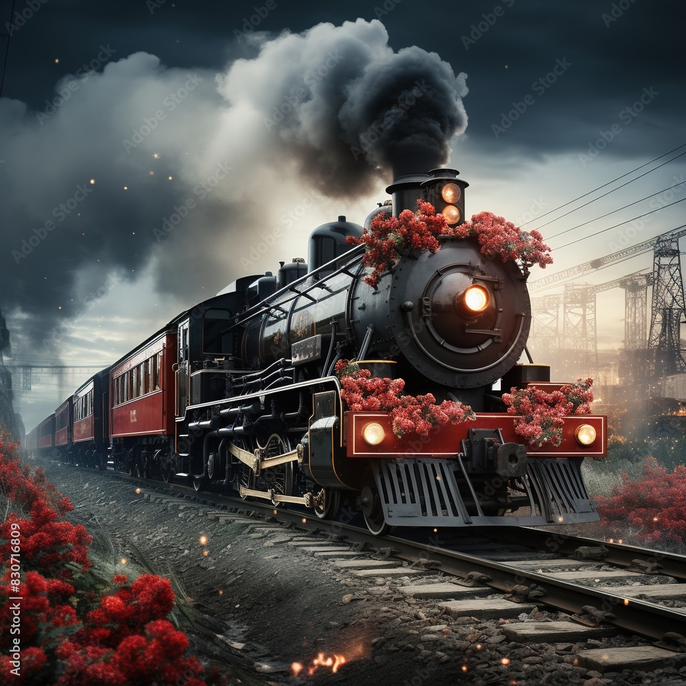 Obraz premium A Steam Train Chugging Through a Snow Covered Forest