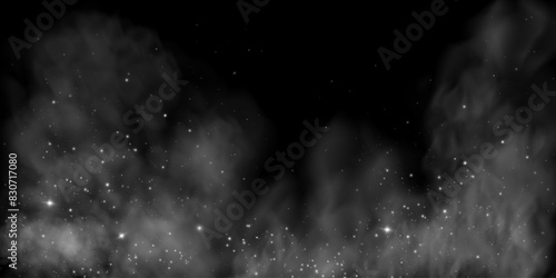 Fantastic smoke background. Magic smoke with glitter and small particles of twinkling stars, fog with glowing particles, gray vapor with stardust. Vector illustration.		