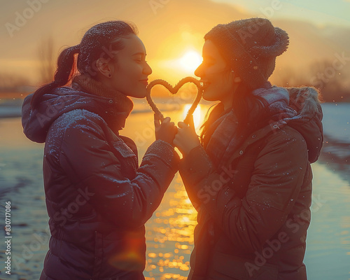 Lesbian women wearing rainbow sunglasses shape heart, celebrating festive event photo