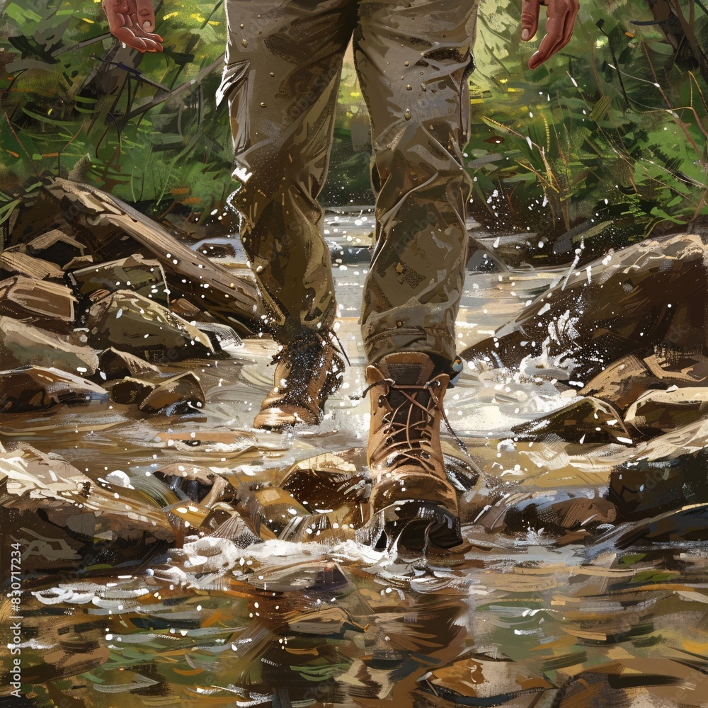 Obraz premium Explorer in Action: Navigating Through a River in the Wilderness