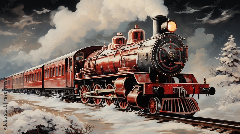 Obraz premium A Steam Train Chugging Through a Snow Covered Forest