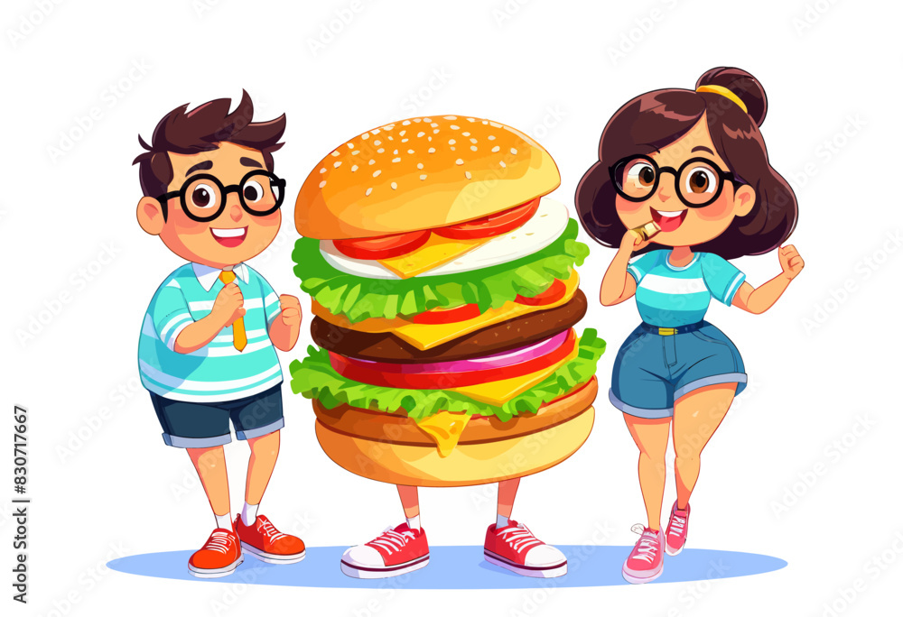 a couple of people standing next to a giant hamburger a couple of people standing next to a giant hamburger
