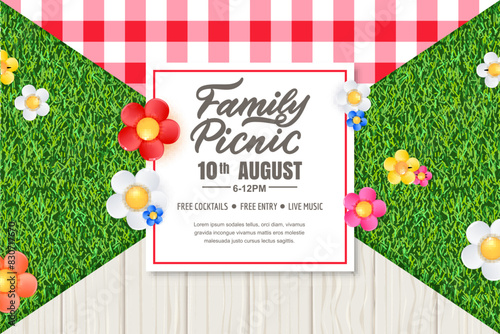 Picnic time banner, poster, flyer design with tablecloth, wooden table, colorful daisy flowers on green grass background and hand drawn calligraphy lettering on white frame. Vector illustration