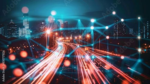 Smart city things icons mesh on city traffic night background and wireless communication network, business district with expressway and highway. (Business and Internet concept)