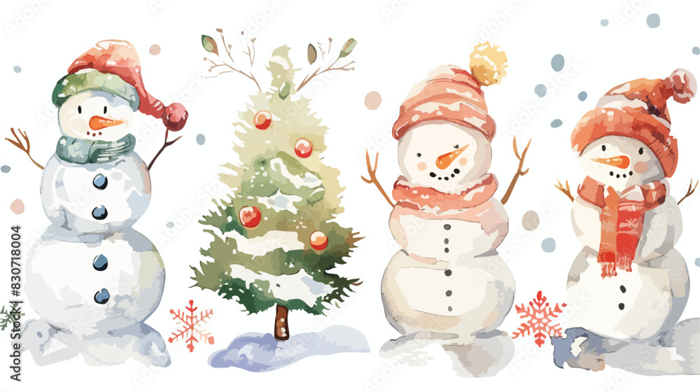 Watercolor Illustration Four of Cute Snowman with sno