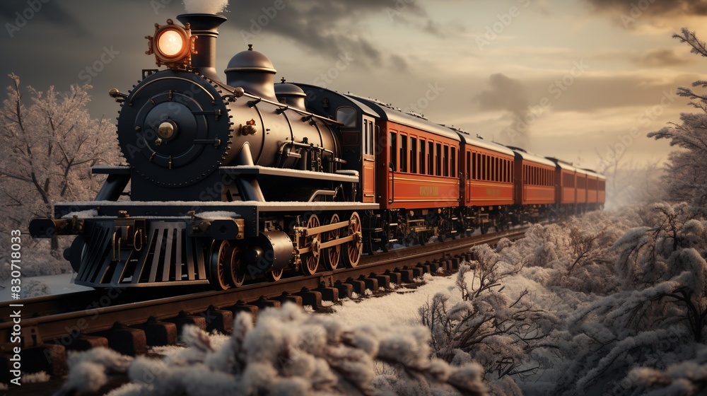 Obraz premium A Steam Train Chugging Through a Snow Covered Forest