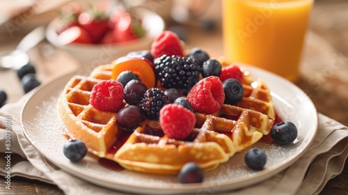 Fruit topped waffle and orange juice on the breakfast table