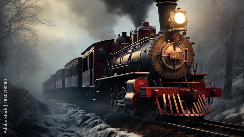 Fototapeta premium A Steam Train Chugging Through a Snow Covered Forest