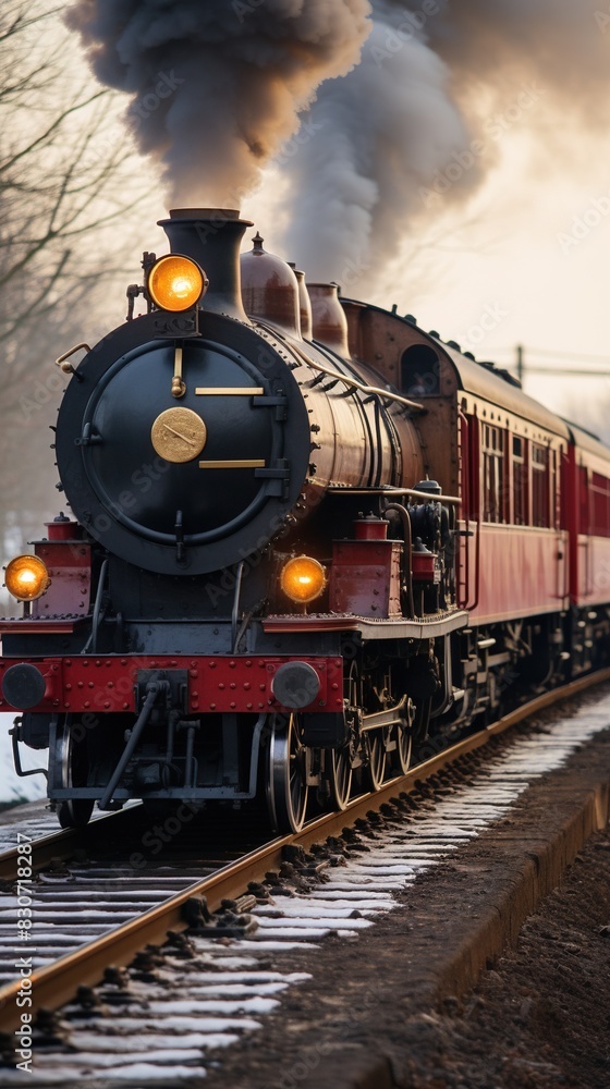 Naklejka premium A Steam Train Chugging Through a Snow Covered Forest