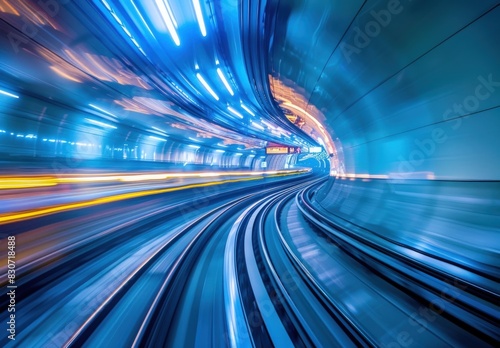 The speedy motion of a train in a blue tunnel.