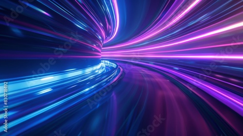 3d Render, Blue purple light line through dark background, hyper speed warp in space