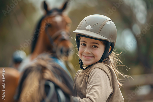 Young equestrian smiling during horseback riding lesson © ALEXSTUDIO