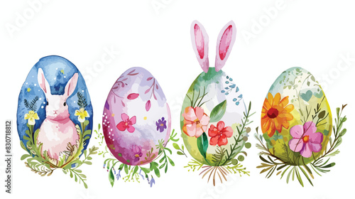 Watercolor illustration Four of Easter Egg with flowe