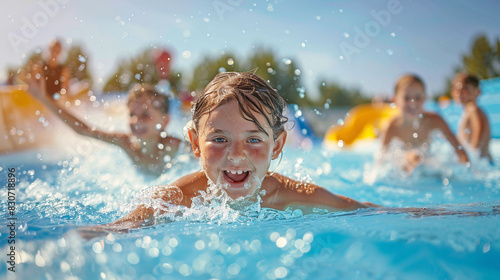 Joyful child swimming in outdoor pool