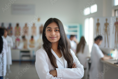 A woman in a white lab coat stands in front of a wall of anatomical drawings. Indian doctor, nurse and medical student. College and university © Ирина Щукина