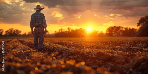 In the golden glow of sunset, a satisfied farmer stands in his wheat field, inspecting the land after a harvest.