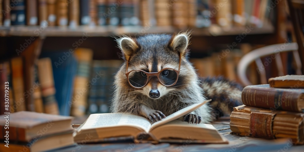 In a charming scene, a studious raccoon wears glasses while immersed in reading at the library. In a charming scene, a studious raccoon wears glasses while immersed in reading at the library.
