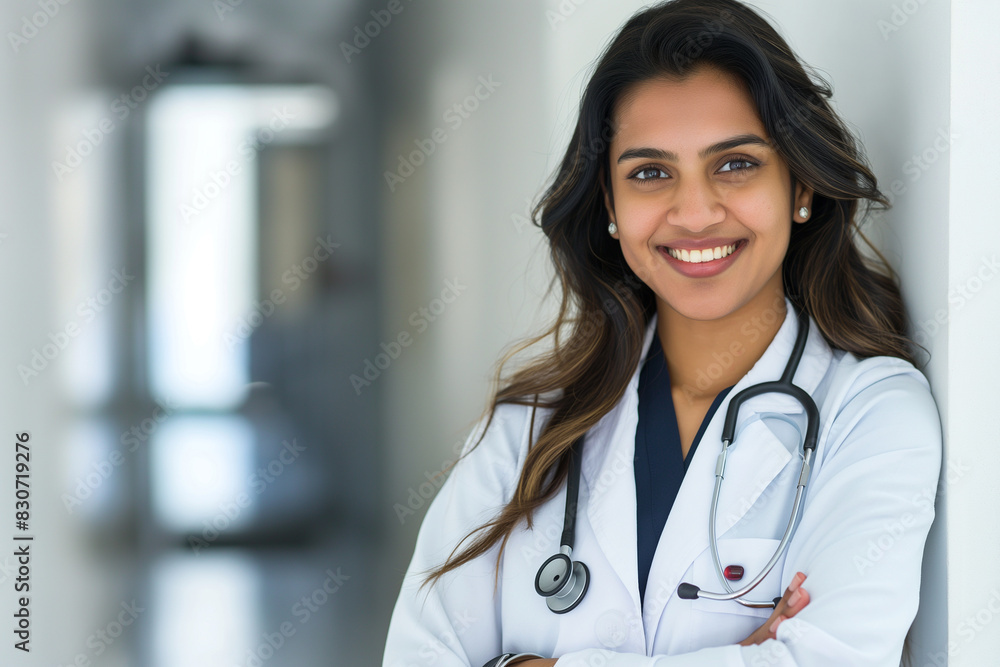 A woman in a white coat is smiling and posing for a picture. Indian doctor, nurse and medical student. College and university A woman in a white coat is smiling and posing for a picture. Indian doctor, nurse and medical student. College and university