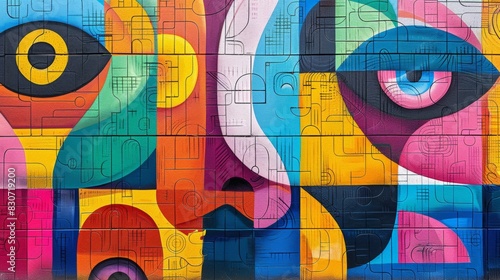 A vibrant street art mural with bold colors and abstract shapes  representing urban creativity and expression.