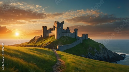 Western Castle on Cliff Near Sea at Sunset