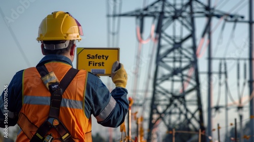 Electrician in Safety Helmet and Harness Holding Safety First Sign