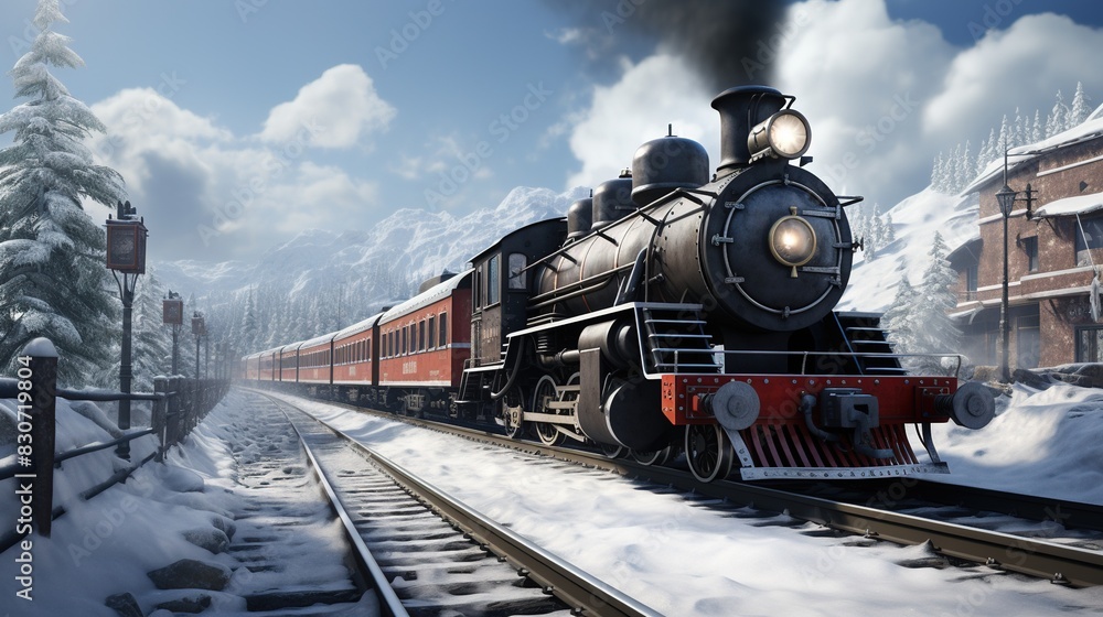 Fototapeta premium A Steam Train Chugging Through a Snow Covered Forest