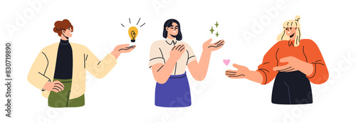 Soft skills concept. Creativity, idea, inspiration, support, love and empathy symbols in hands. Happy people holding lightbulb, stars, heart. Flat vector illustration isolated on white background