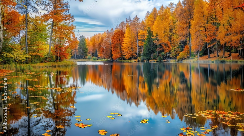 Obraz premium A beautiful autumn landscape with a lake, trees, and mountains. The water is calm and still, reflecting the sky and trees.