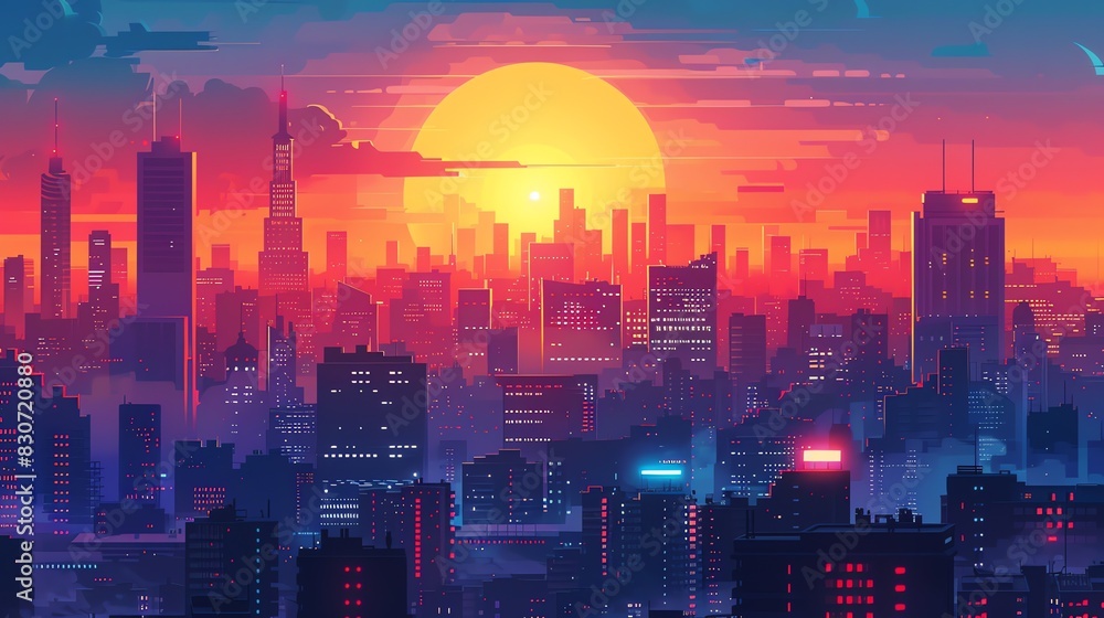 Fototapeta premium A beautiful cityscape illustration of a modern city with skyscrapers and a glowing sunset. The colors are vibrant and the atmosphere is peaceful.