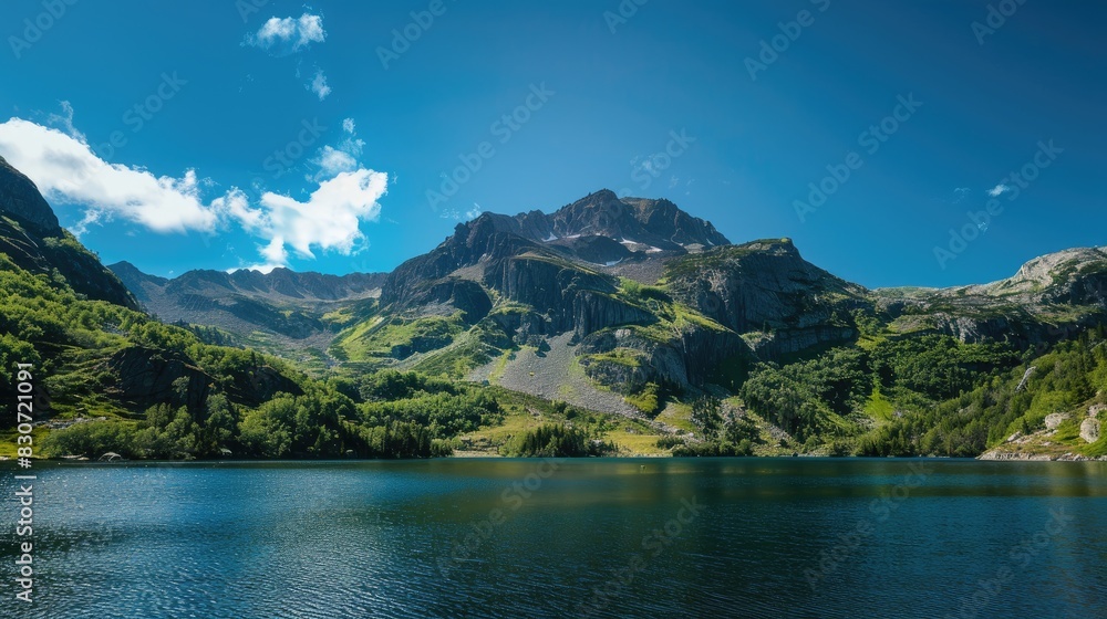 Scenic view of a mountain and lake in summer