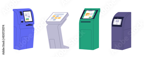 Self-service kiosks set. Interactive touchscreen machines. Information, banking and ticketing terminals. ATM, electronic systems with screens. Flat vector illustration isolated on white background
